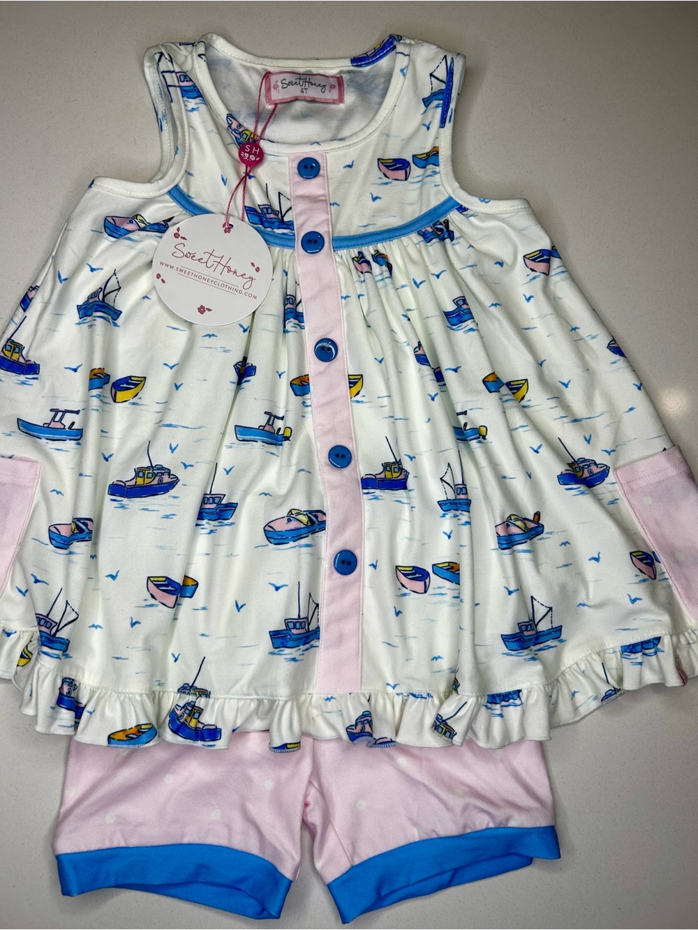 SweetHoney White, Blue & Pink Boat-Print Girls' set 4t
